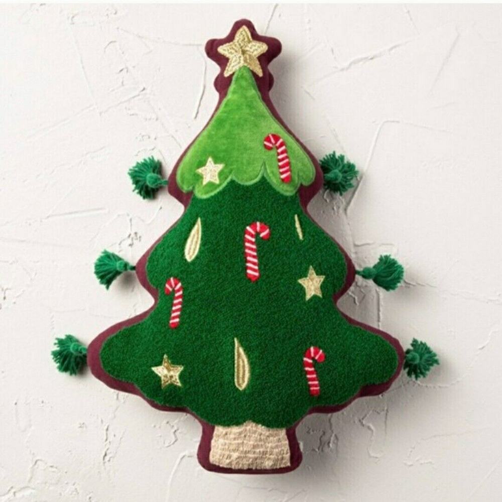 Jungalow Opalhouse Christmas Tree Pillow Green Tassels Embellished Whimsy NEW